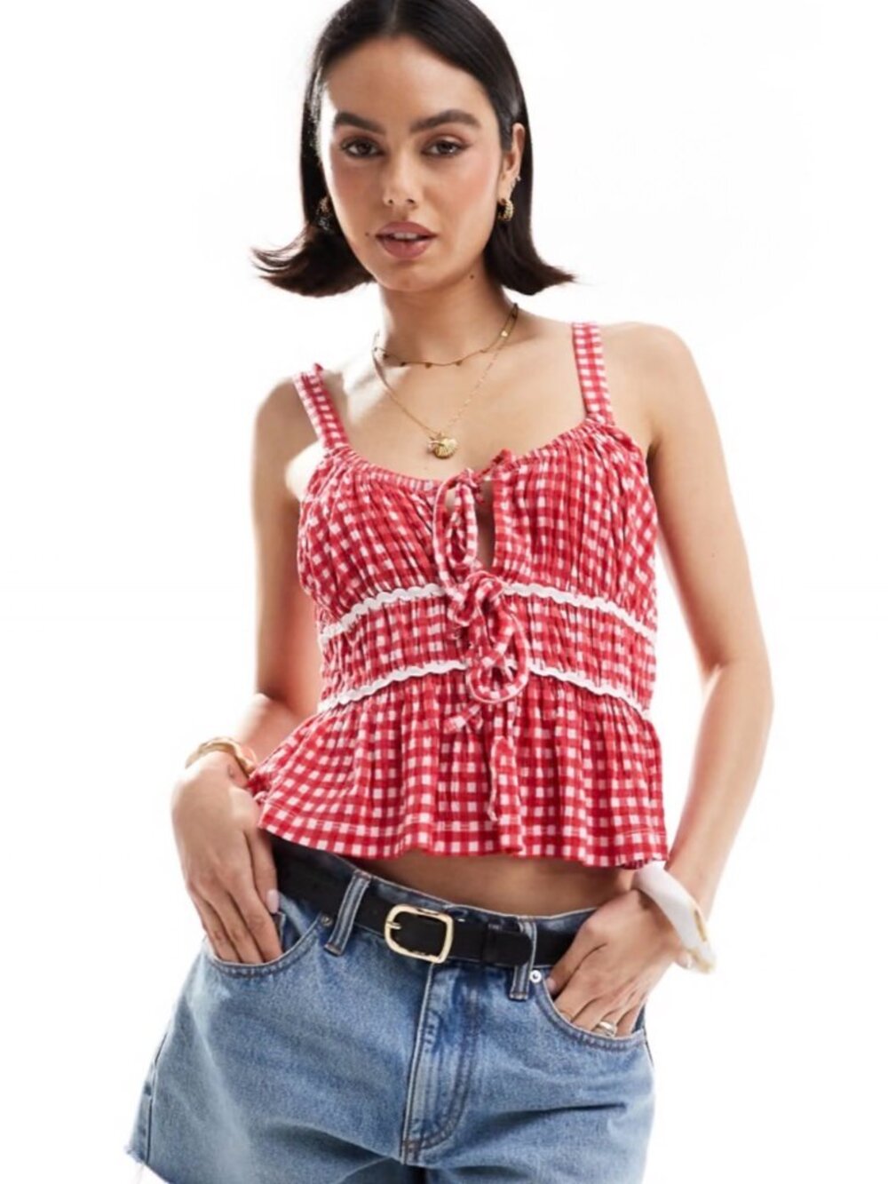 ASOS DESIGN Red Gingham Milkmaid Peplum Top Ricrac Trim M NWT